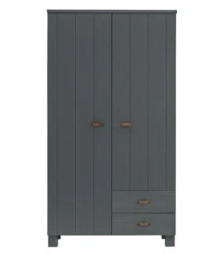 WOOOD Dennis Kast Met Laden - Grenen/Leer - Staal Grijs - 202x111x55