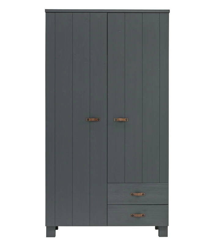 WOOOD Dennis Kast Met Laden - Grenen/Leer - Staal Grijs - 202x111x55 1 WOOOD Dennis Kast Met Laden - Grenen/Leer - Staal Grijs - 202x111x55