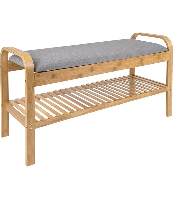 Leitmotiv Bank Arch - Bamboe Met Grijze Stof - 90x33x50cm 1 Leitmotiv Bank Arch - Bamboe Met Grijze Stof - 90x33x50cm