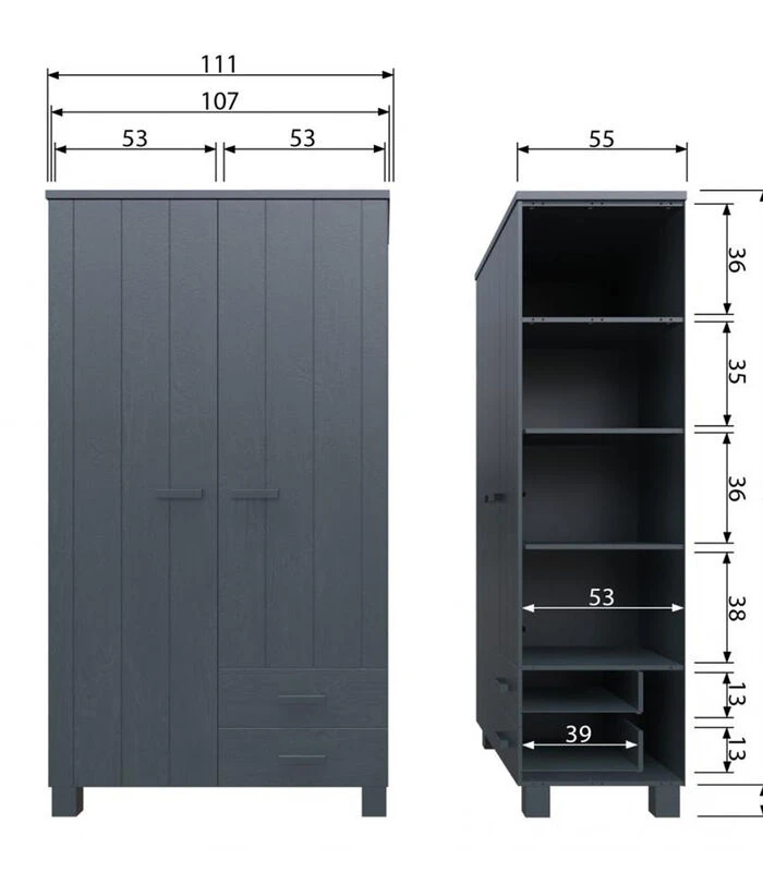 WOOOD Dennis Kast Met Laden - Grenen/Leer - Staal Grijs - 202x111x55 2 WOOOD Dennis Kast Met Laden - Grenen/Leer - Staal Grijs - 202x111x55 - Afbeelding 2